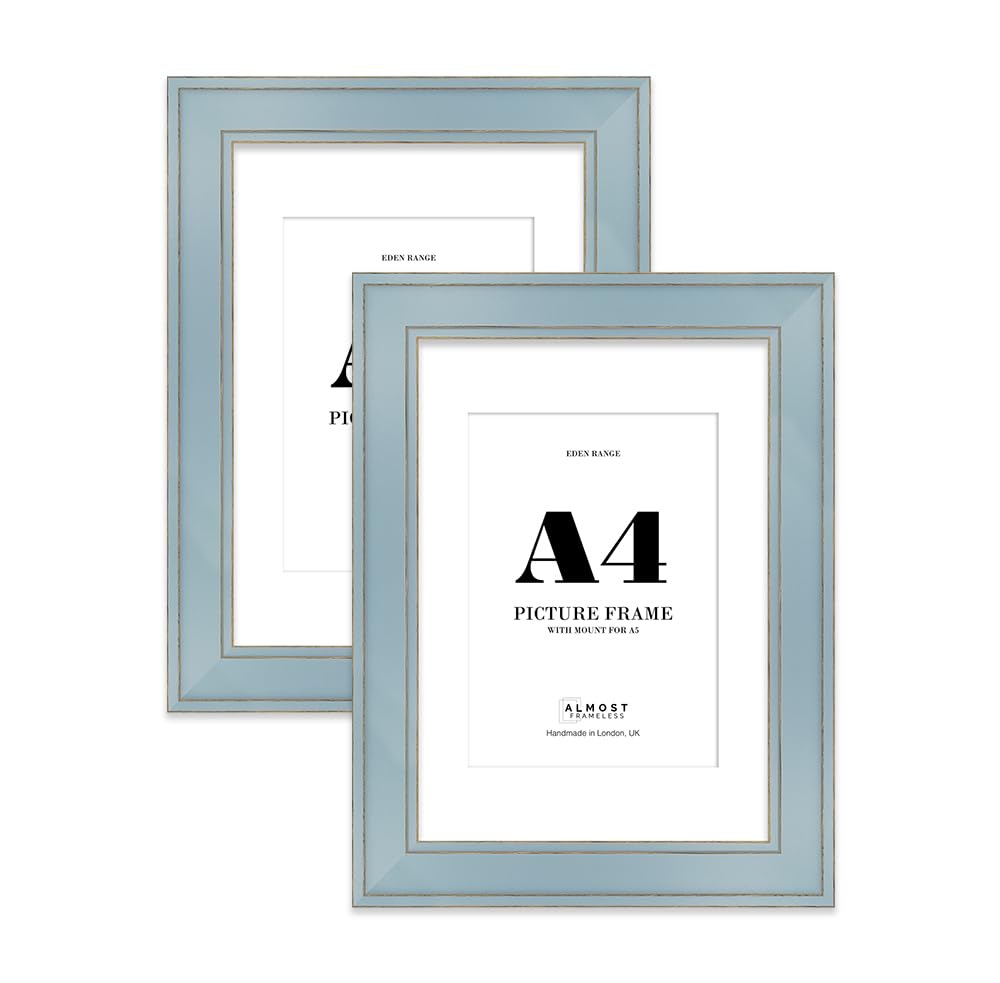A4 Cornflower Blue Picture Frame with A5 Mount - Shabby Chic Photo Frame with Distressed Finish, Gold Trim, Wall Hooks and Kickstand, 37mm Edge - 2 Pack