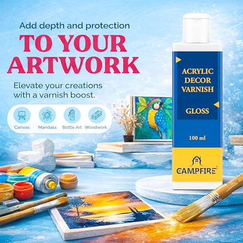 Image of Campfire Acrylic Decor High Gloss Varnish for Art, Craft, Canvas, Wood & DIY Projects | Fast Drying Gloss Varnish with 20 Minutes Settle Time for Best Results (After Dry Transperent, 100 ml)