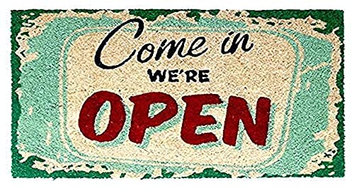 Image of Onlymat inchCome in We're Open Funny Printed Doormat (Multicolor), Anti-Slip Coir with PVC Backing (75x45cm) - Rectangular Rug for Entryway, Outdoor, Home, Door, Floor, Hall & Living Room Use.