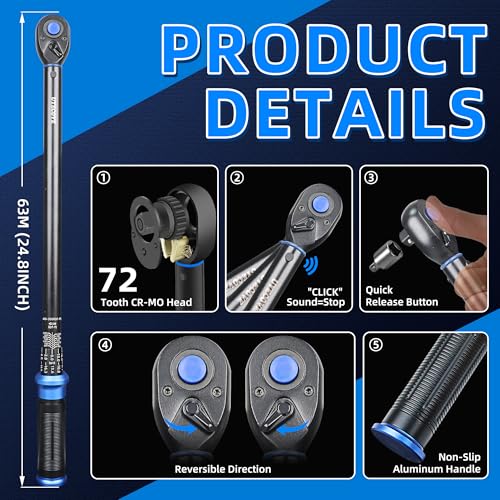 Image of 1 /2-Inch Drive Click Torque Wrench, Dual-Direction Click Professional Torque Wrench 40-300FT.LB /54.2-406.8N.M, Dual Range Scales Graduated in FT.LB and N.M, Blue