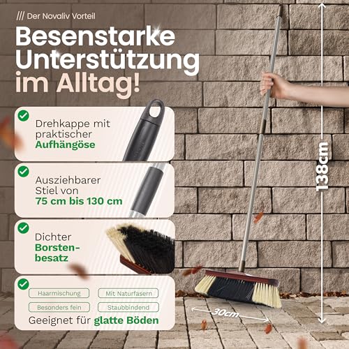 Novaliv Zimmerbesen mit Stiel ROSSHAAR Mischung Besen weiche Borsten Schrankbesen mit Teleskopstiel Gemischter Rosshaarbesen Besen für Laminat und Parkett Rosshaarbesen Naturborsten Stubenbesen – Bild 3