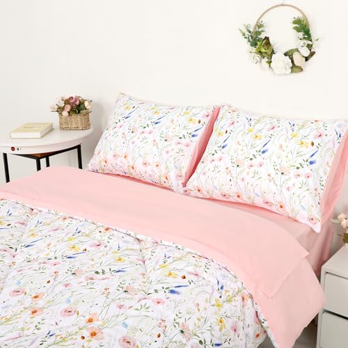 Image of Twin Bedding Sets for Girls, 5 Piece Pink Boho Kids Comforter Set, Soft Microfiber Twin Bed in A Bag Includes Comforter, Flat Sheet, Fitted Sheet, 2 Pillowcase (Wildflower)