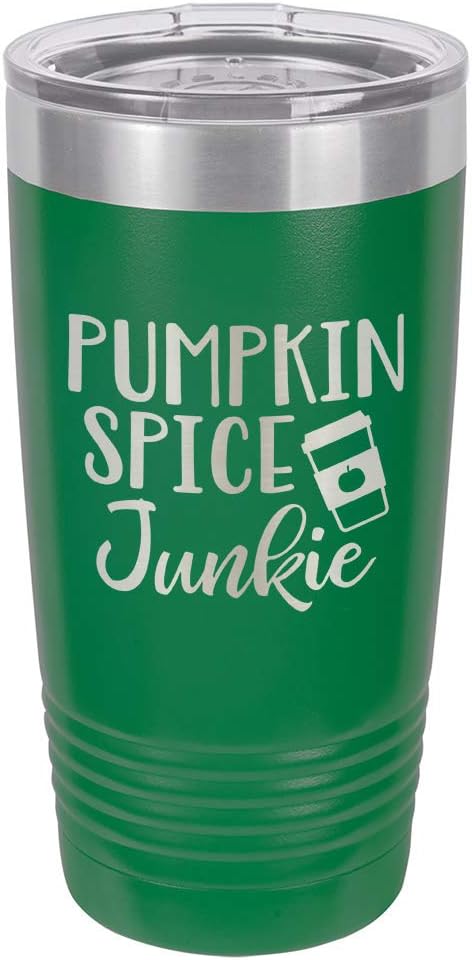 PUMPKIN SPICE JUNKIE Green 20 oz Drink Tumbler Includes Spill Proof Lid and Straw | Engraved Yeti Style Insulated Travel Mug | Funny Fall & Halloween Quotes | OnlyGifts.com
