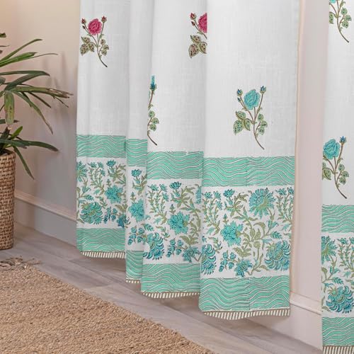 Image of LINENWALAS Printed Decorative Cotton Sheer Curtains 5 Feet Long Set of 2 Panel, Grommet Hanging, Rose Symphony Curtains for Children Room, Living Room, Home Decor (L-8 x W-4.5 Feet)
