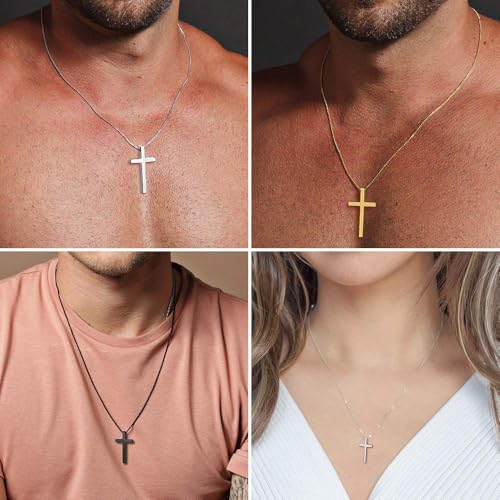 Image of M MOOHAM Cross Necklace for Men, Silver Black Gold Stainless Steel Plain Cross Pendant Necklace for Men Box Chain 16-30 Inch