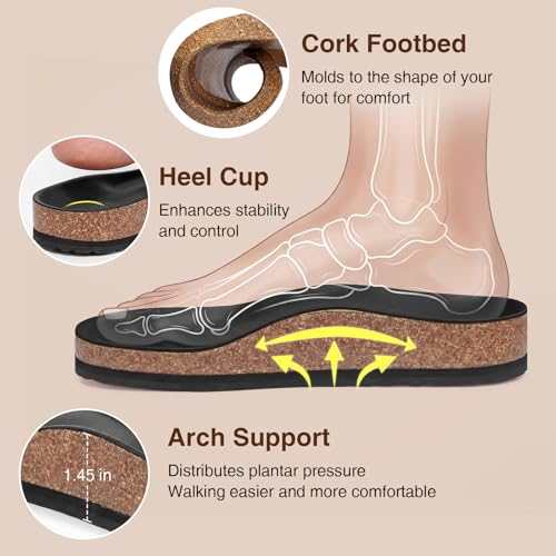 Image of ZURIN Genuine Leather Sandals for Women,Cork Footbed Slide Platform Sandals with Arch Support, Suede Double Buckle Slip On Slides for Summer Beach Walking Indoor Outdoor