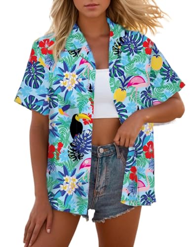 Image of SANGTREE Girls & Women's Hawaiian Shirts Button Down Short Sleeve Floral Tropical Shirt Beach Vacation Blouse Tops
