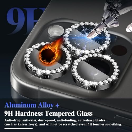 Image of Glitter Diamond Camera Lens Protector for iPhone 16 Pro / 16 Pro Max / 15 Pro / 15 Pro Max Black UHD 9H Tempered Glass, Sparkle Crystal Design Camera Guard Scratch & Drop Resistant, Case Friendly Camera Cover