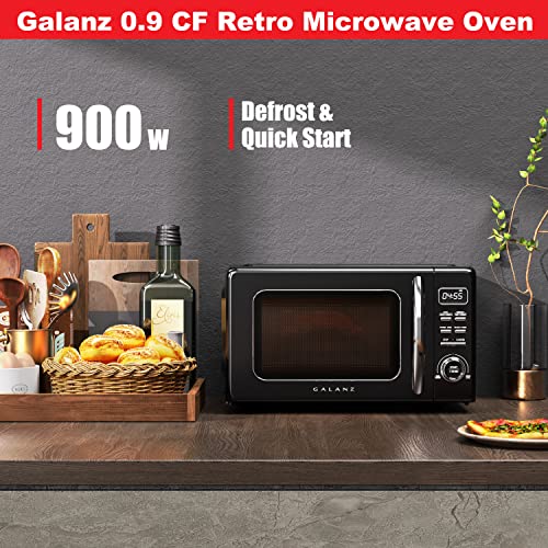 Image of Galanz GLCMKZ09BKR09 Retro Countertop Microwave Oven with Auto Cook & Reheat, Defrost, Quick Start Functions, Easy Clean with Glass Turntable, Pull Handle, 0.9 cu ft, Black
