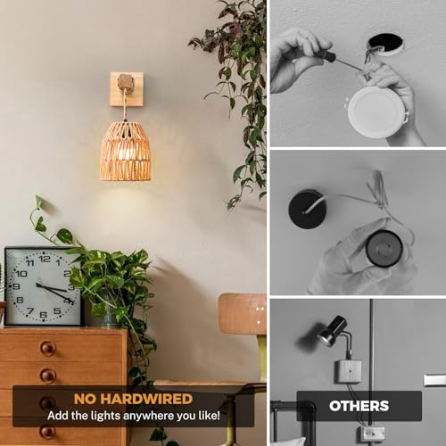Image of Rattan Wall Sconces Battery Operated, Boho Wall Sconce, Battery Operated Wall Sconce Set of Two, Rechargeable Woven Lantern Wireless Wall Light /Lamp for Bedroom Home Decor