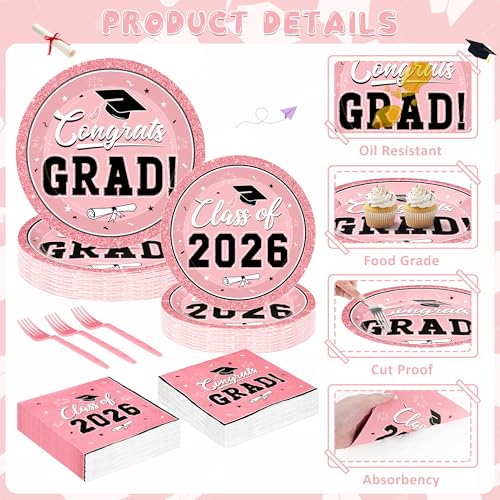 Image of QZYL 200Pcs Pink Graduation Supplies Set, Grad Plates, Napkins, Dessert Plates and Plastic Forks for 50 Guests, Disposable Graduation Party Supplies, Grad tableware for 2026 School Ceremony