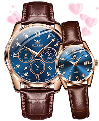 OLEVS Valentines Couple Pair Quartz Watches His and Her Couple Set Leather Chronograph Diamond Blue Wrist Watch Men Women Lovers Wedding Romantic Gifts Set of 2