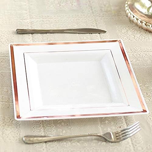 Miniatura 6 de BalsaCircle - 20 platos cuadrados de plástico de 10 pulgadas, color blanco con ribete de oro rosa, vajilla desechable para bodas, fiestas,
