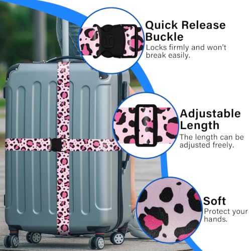 Image of Luggage Straps for Suitcases, Travel Adjustable Belt with Quick Release Buckle, Heavy Duty Nylon Bag Packing Strap, Unique Bright Identifiers Business Travel Accessories (2 Pack) - Pink Leopard