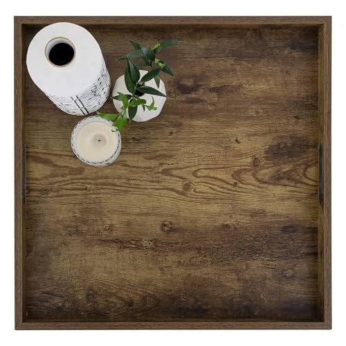 Hanobe Serving Tray for Ottoman Large: Rustic Brown Coffee Table Trays 20 Inch Square with Handles for Living Room - Farmhouse Extra Oversized Wood Decorative Topper for Kitchen Parties