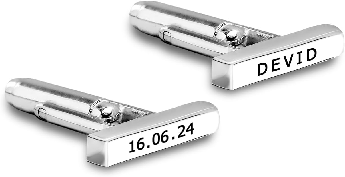 LeCalla Personalized 925 Sterling Silver Cufflinks for Men | Custom Initial Name & Date | Wedding, Anniversary, Gift for Husband, Father, Boss, Friend | Engraved Back Text | Round & Square Cufflinks