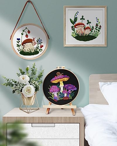 Image of Embroidery Kit for Adult, 5 Sets Mushroom Embroidery Kit for Beginners | Include Embroidery Cloth Hoops Threads for Craft Lover Hand Stitch with Embroidery Skill Techniques
