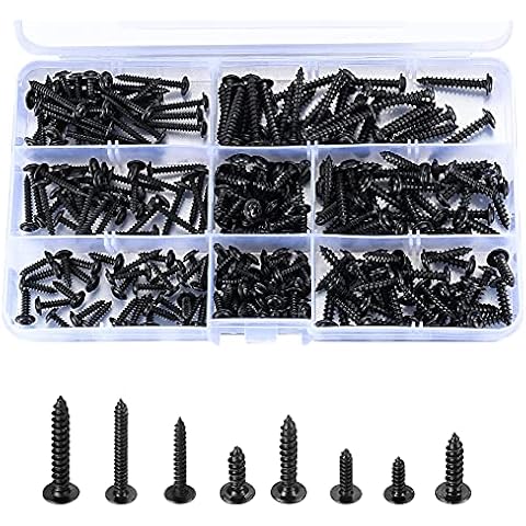 240 Pcs Black Self Tapping Wood Screws Assortment Kit, Carbon Steel Cross Pan Round Head Screws, M3 M4 M3 M4 Self Drilling Countersunk Machine Fastener Screws - 10mm/12mm/16mm/20mm/25mm Cover