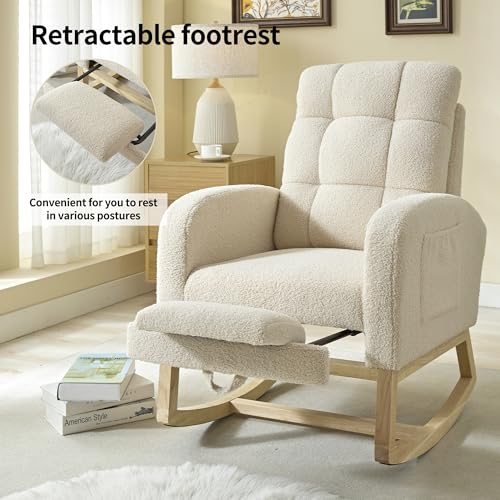 image for MT EDITION Nursery Rocking Chair with Foot Rest, Teddy Upholstered Nur