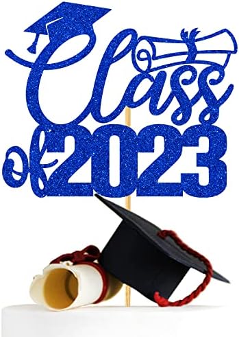 Class of 2023 Cake Topper, Congratulations Grads Décor, 2023 Graduation Party Decoration Supplies, Blue Glitter