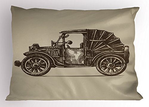 Ambesonne Cars Pillow Sham, Classic Retro Car Design Early Prototypes of Automobile Semi Convertible Retro, Decorative Standard Size Printed Pillowcase, 30