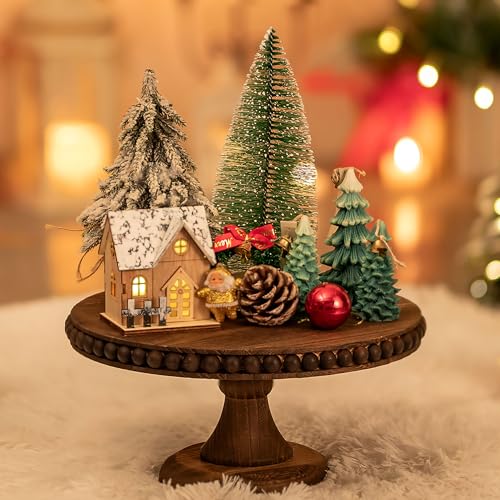 Hanobe Round Wood Cake Stand: Cupcake Pedestal Stand 12 inch Dessert Display Riser Distressed Rustic Cakes Holder Tray Vintage Beads Wooden Plate for Christmas Wedding Birthday Decor