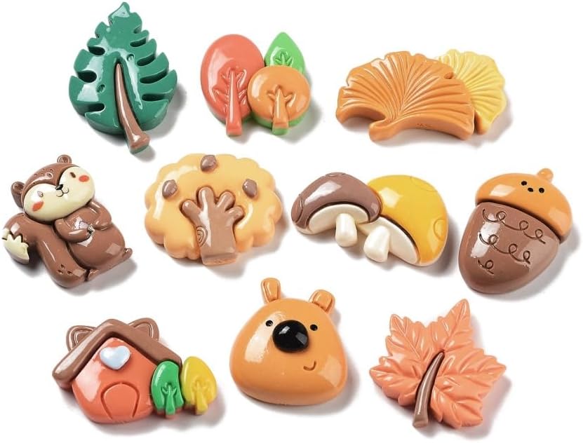 LiQunSweet 100 Pcs Autumn Theme Charm Resin Flatback Charms Ginkgo Leaf Mushroom Squirrel Pine Cone Scrapbooking Embellishments for Creative DIY Projects Craftings