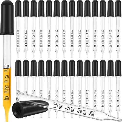 TecUnite Glass Liquid Droppers, 1 ml Essential Oil Dropper Pipette Calibrated Glass Stain Dropper for Essential Oil Makeup Art Liquid Plant with Kraft Boxes(30)