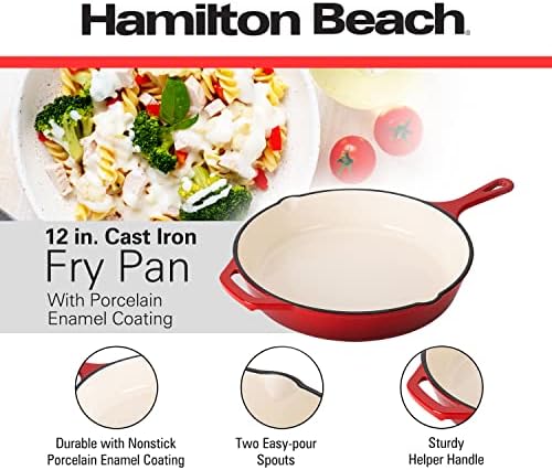 Hamilton Beach Enameled Cast Iron Fry Pan 12-Inch Red, Cream Enamel Coating, Skillet Pan for Stove Top and Oven - Thumbnail 3