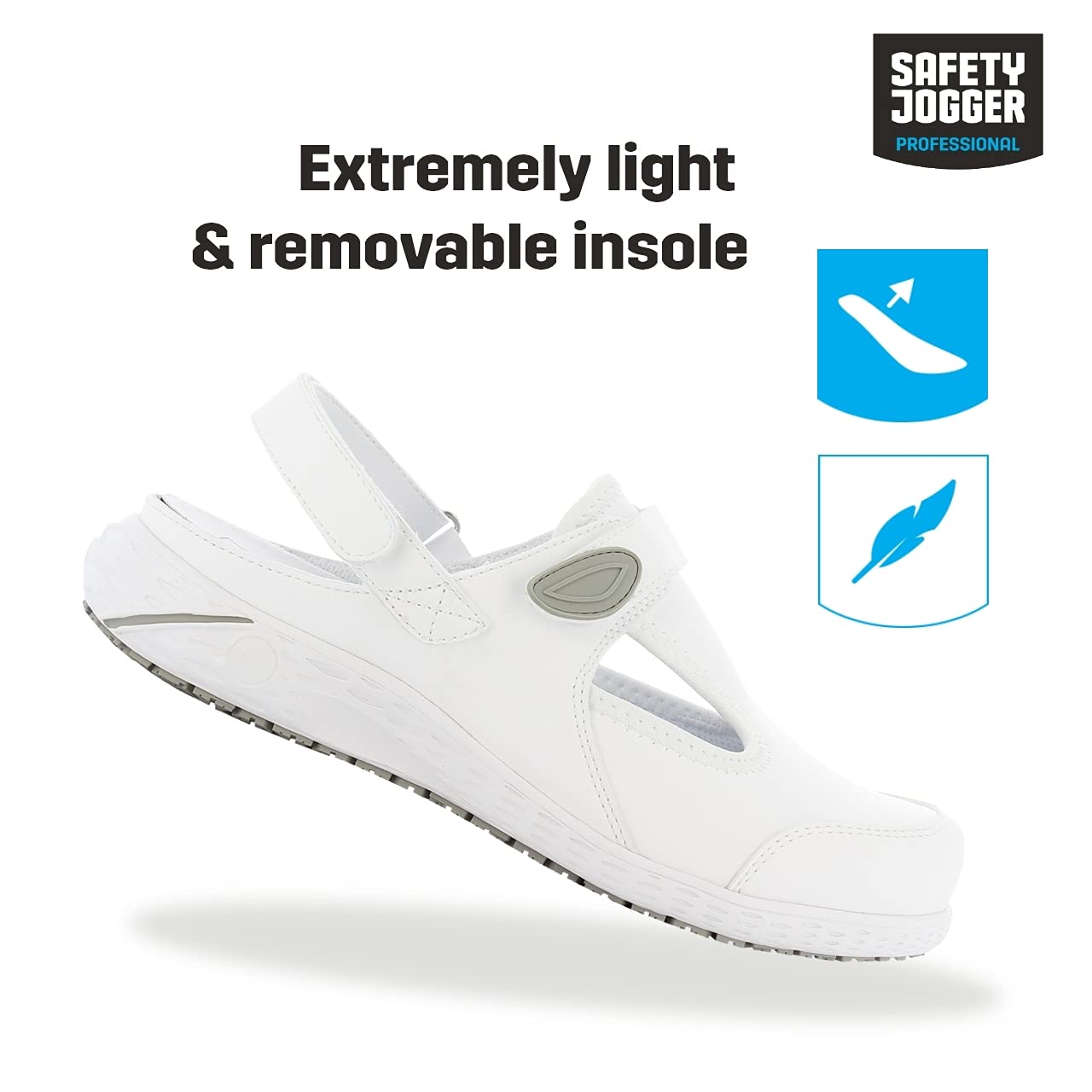 Safety Jogger Drewniaki dla kobiet – lekkie skórzane buty robocze, idealne do szpitala, kuchni lub ogrodu, antypoślizgowe i amortyzujące wstrząsy, wygodne chodaki, Oxypas Carly White, 40 EU