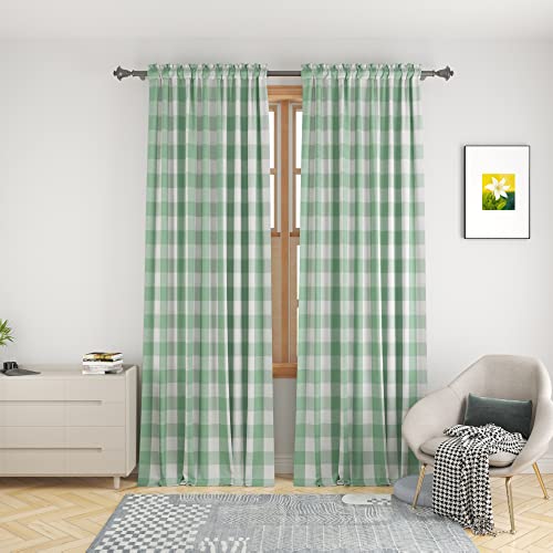 Curtains for Windows Buffalo Check Drapes Plaid Gingham Pattern Rod Pocket Cotton Curtain Panels 92 inch Length Farmhouse Kitchen Curtains 2 Panels Living Room Bedroom Basement Green White 52"x92" by UPOPO - Image 7