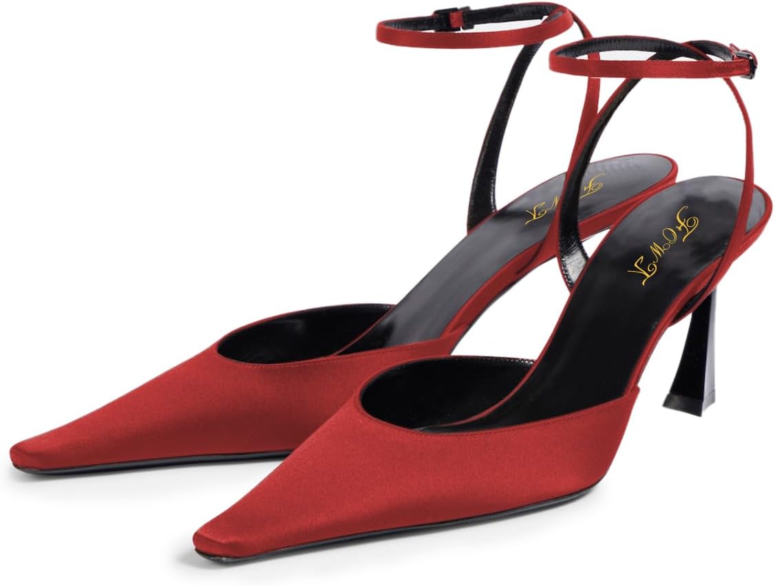 FOWT Women Graceful Pointed Toe Satin Pumps Chic High Heel Ankle Strap Buckle Prom Bride Dressy Sandals Size 4-16 US