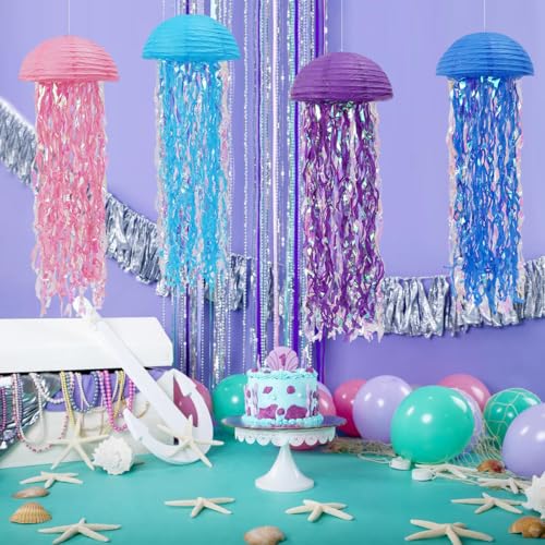 Image of Jellyfish Paper Lanterns Under The Sea Party Decorations Hanging Colorful Jellyfish Lanterns for Baby Shark Mermaid Birthday Party Decorations Baby Shower Classroom Decor Pack of 4 Colorful