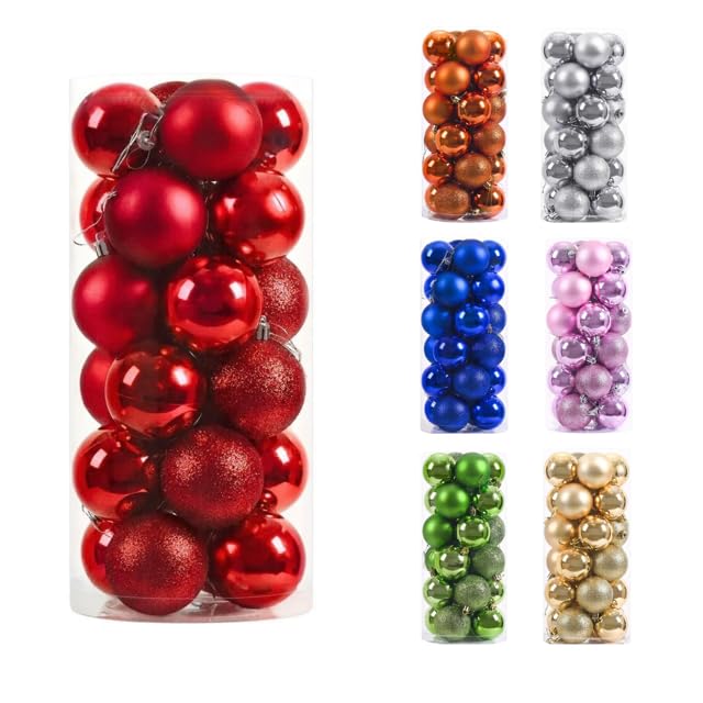 24 Pcs Christmas Balls Set, 40mm/1.57" inch, Christmas Tree Hanging Shatterproof Ornaments Decoration, Pre-Hooked Hanging Balls, Seasonal Home Decoration for Trees (Red)
