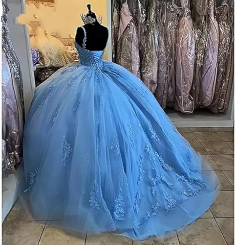Tulle Lace Applique Quinceanera Dresses V Neck Beaded Ball Gown Spaghetti Straps Sweet 16 Dresses for Teens2