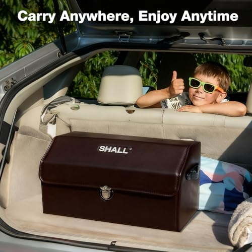 SHALL 21.5-inch Car Organizers for Trunk for SUV Sedan, Leather Foldable Storage Box with Lid for Toys Tools Snack (Brown)