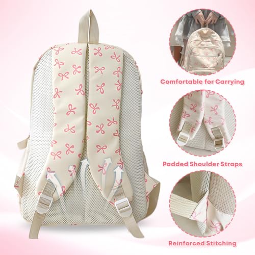 Cute Girls School Backpack with Bow, Lightweight Bookbag for Teenage Secondary School, Pink Rucksack for Women, Waterproof College Bag for Girls - Image 4