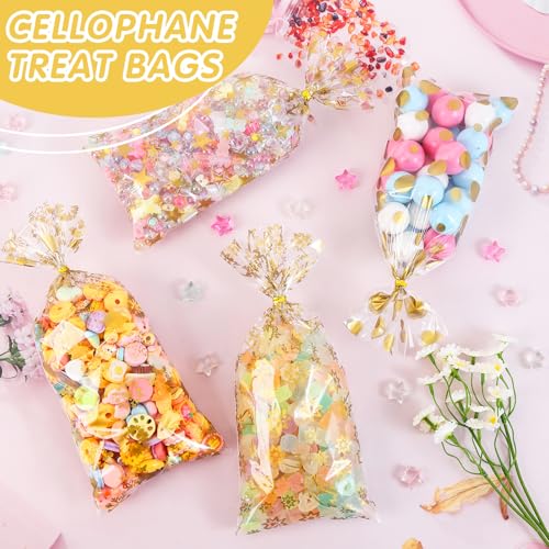 COQOFA 100 Pcs Mixed 5"X11" Gift Wrap Cellophane Treat Bag Party Favor bags Clear Candy Cookie Bags Plastic Poly Goodie Storage Bag with Twist Ties for Baby Shower,Gender Reveal, Birthday, Wedding ,Party Decorations (GOLD 4 Patterns) — view 5