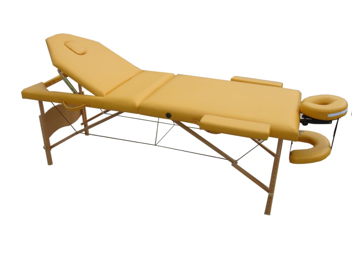 Mucola Massageliege 3 Zonen Massagetisch Holz| klappbar und höhenverstellbar | Portable Massagebank inkl. Zubehör Kopfstütze, Armlehnen und Tragetasche - Gelb