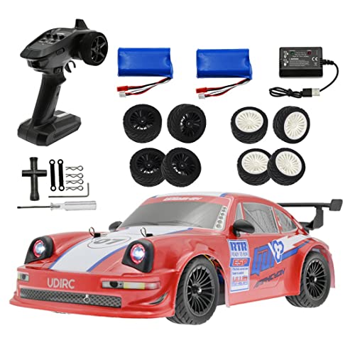 Morton3654Mam 1:16 4WD 30KM/H 4CH 4WD 2.4G Full Proportional Electric High-Speed Vehicle Racing Drift Car RC Vehicle with Cold Cathode Fluorescent Headlights RTR with Double Batteries- Red Cover