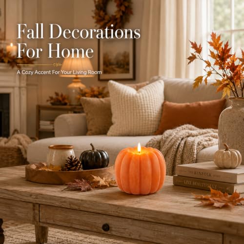 Image of Fall Decorations for Home - Flameless Pumpkin Candles with Remote Timer, Realistic Orange LED Wax Pumpkin Decor, Battery Opearted Candles for Fall Halloween Thanksgiving Gifts Table Decor, Pack of 1