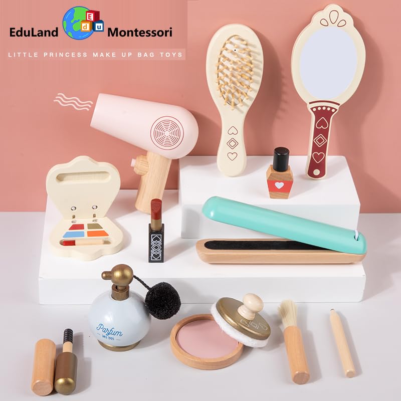EduLand Montessori Practical Life Care of Self Wooden Makeup Toy Set 12-Piece Girls Imaginative Dress up Pretend Play Beauty Bag Makeup Set Toy for Girls Birthday Gift Ages 3 4 5 6 7 8+ Years Old