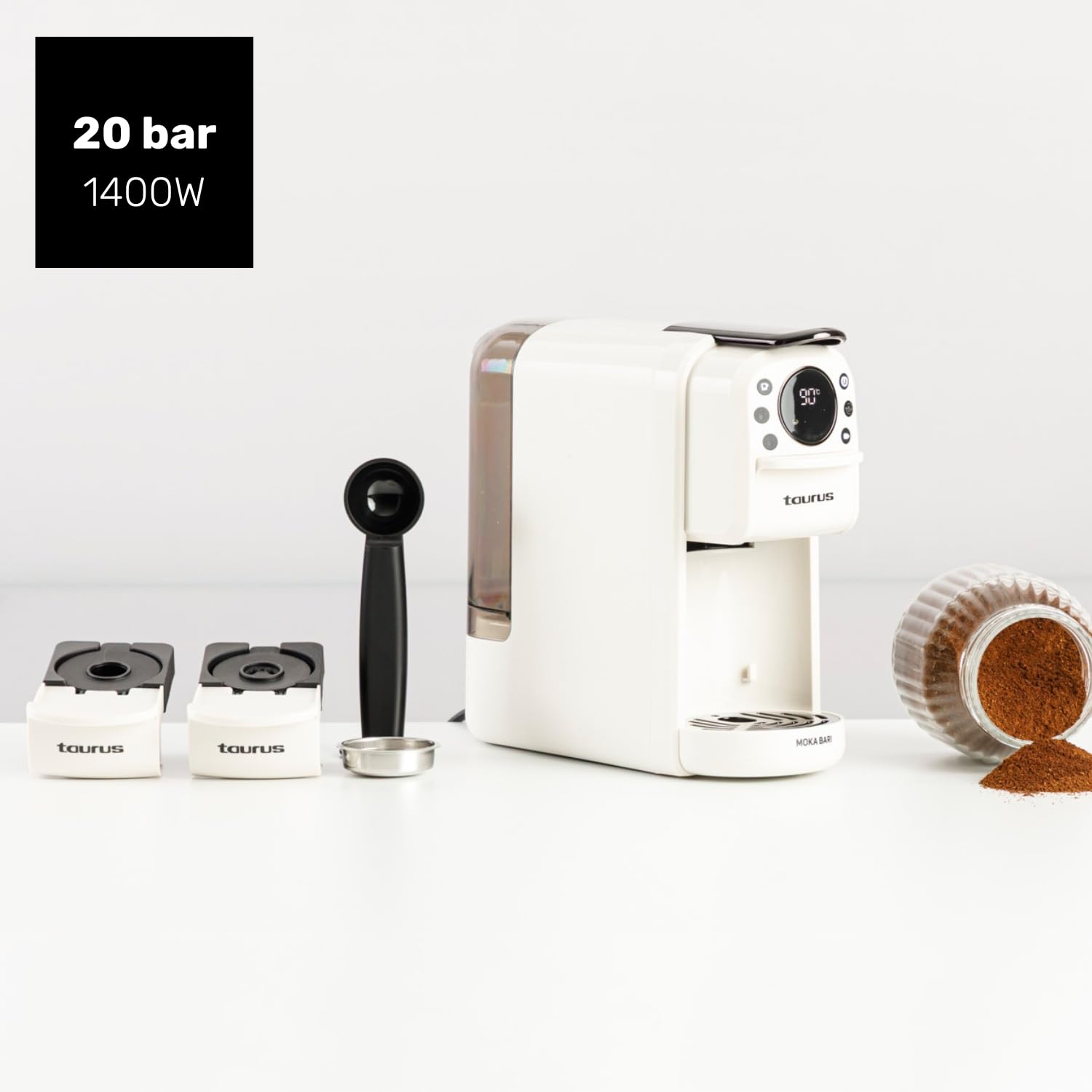 Taurus Moka Bari ekspres do espresso, kawa mielona i kapsułki Nespresso, Dolce Gusto i ESE Pod | 20 barów | 3 poziomy temperatury | zbiornik 700 ml | automatyczne zatrzymanie | cyfrowy wyświetlacz