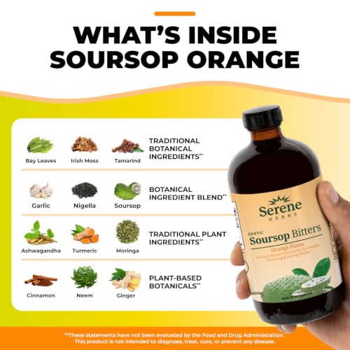 Image of Serene Herbs Soursop Bitters Liquid - Organic Herbal Sour SOP Guanabana with Black Seed, Moringa, Irish Moss & Ginger - Gut Support, Energy & Immune Boost - Vegan, Non-GMO - Orange Flavor - 16 oz