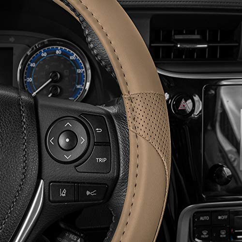 Motor Trend Beige Classic Stitch Perforated Simulated Leather Steering Wheel Cover, All Beige #TOP5