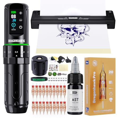 Dragonhawk L3 Kit de Tatouage, Machine à Tatouer Sans Fil avec Course 2,4-4,2 mm et Batterie 2000mAh, Imprimante à Stencil, 20 Aiguilles Cartouche pour...