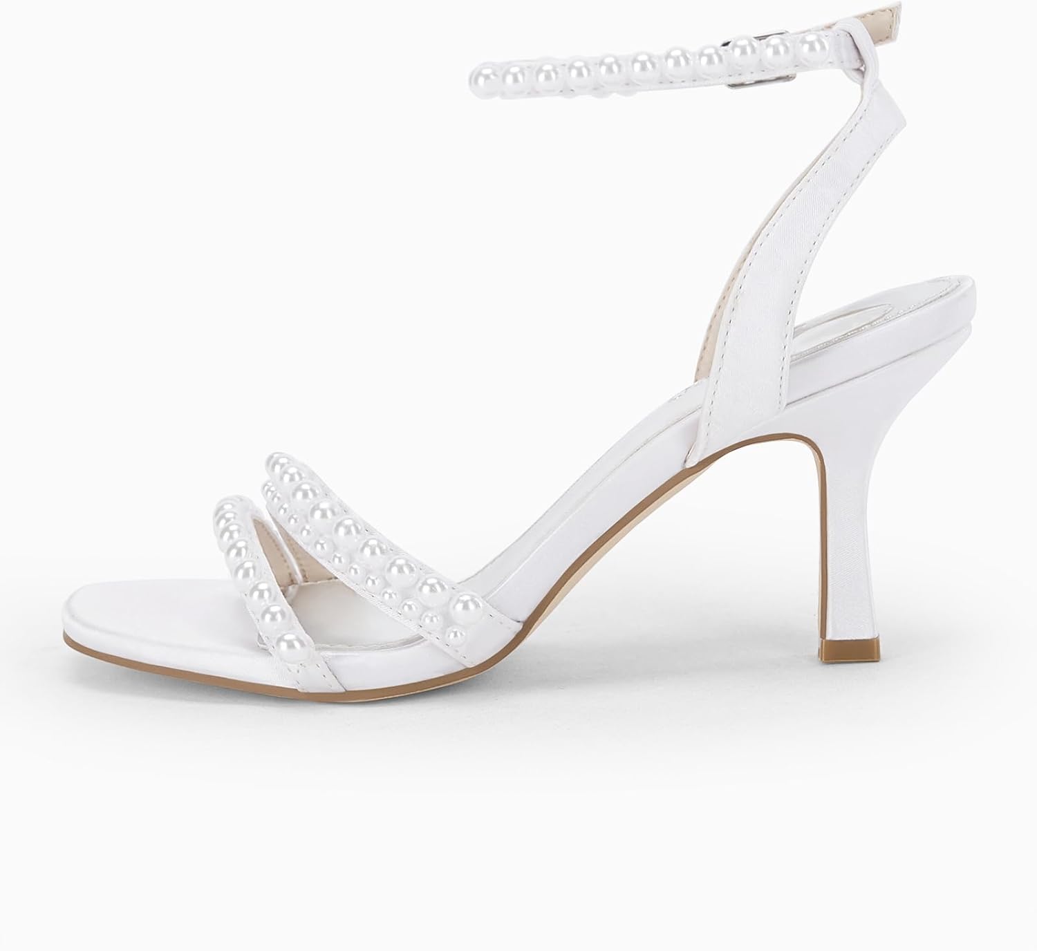 Coutgo Womens Pearl Kitten Heels Sandals Square Open Toe Dress Sandals Ankle Strap Satin Wedding Party Summer Sandals - Image 4
