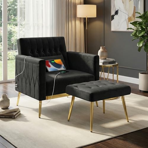 GRAVFORCE Ohrensessel mit Hocker 2 USB-Ladeports Samt Loungesessel Relaxsessel mit verstellbare Rückenlehne Schlafsessel belastbar bis 159 kg fürs Wohnzimmer Fernsehsessel Schwarz
