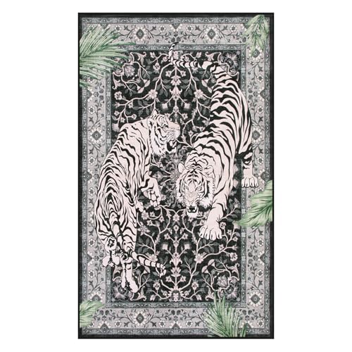 Moynesa Tiger Washable Rugs, 3x5 Entry Area Rugs, Non Slip Vintage Soft Living Room Carpet, Boho Low Pile Stain Resistant Indoor Throw Mat for Kitchen Bedroom Entrance, Black