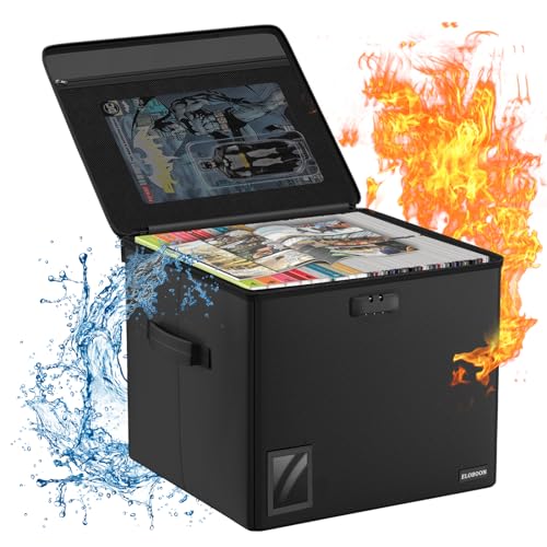ELOBOON Comic Book Storage - Fireproof & Water-Resistant Stackable Box with Zipper Mesh Pocket and Label Window for 300-350 Comics